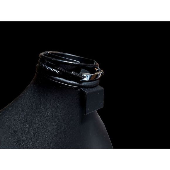 Black Faux Leather Bracelet Stack With Silver Details, 8.5" Length - Picture 6 of 6